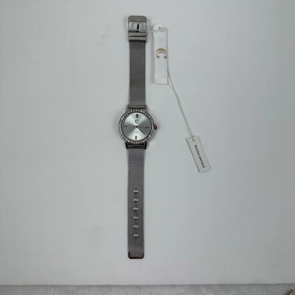 Charming Charlie Womens Wrist Watch Round Crystal Analog‎ Mesh Band Silver Tone